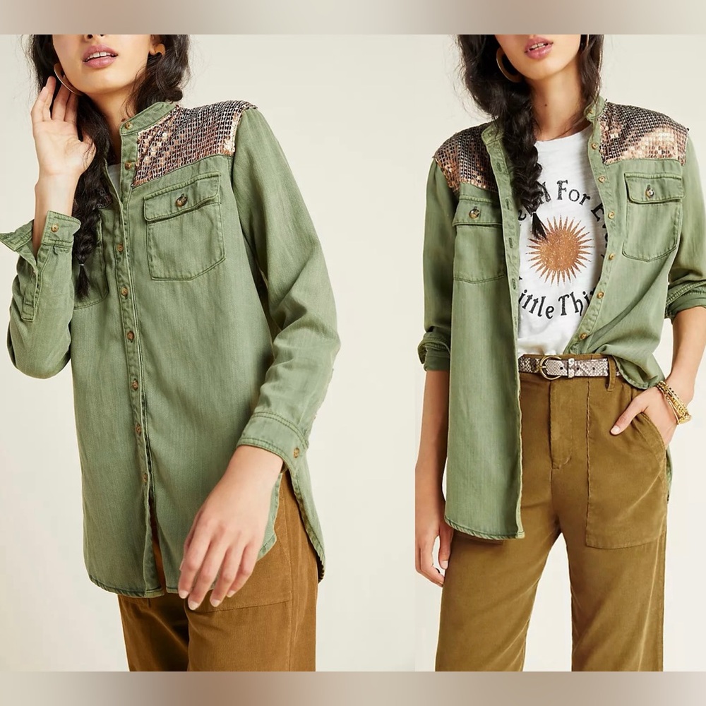 Anthropologie Sequin Copper Army Green Cargo Shirt Shacket Button Down